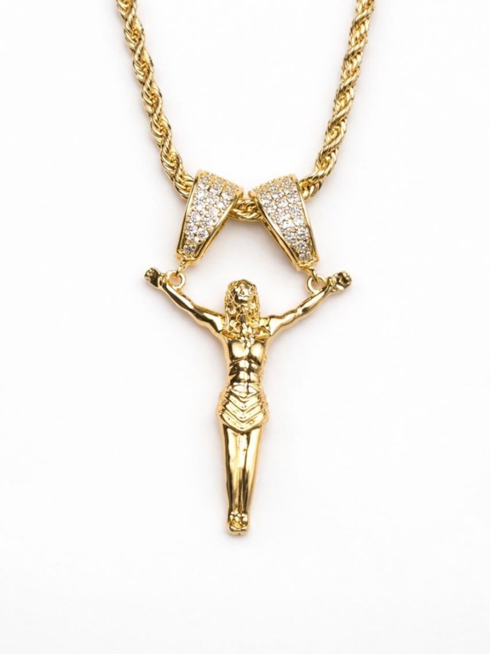 14K Gold Plated Jesus Christ 1.5" CZ Pendant Double-Lock Clasps - Rope Torch